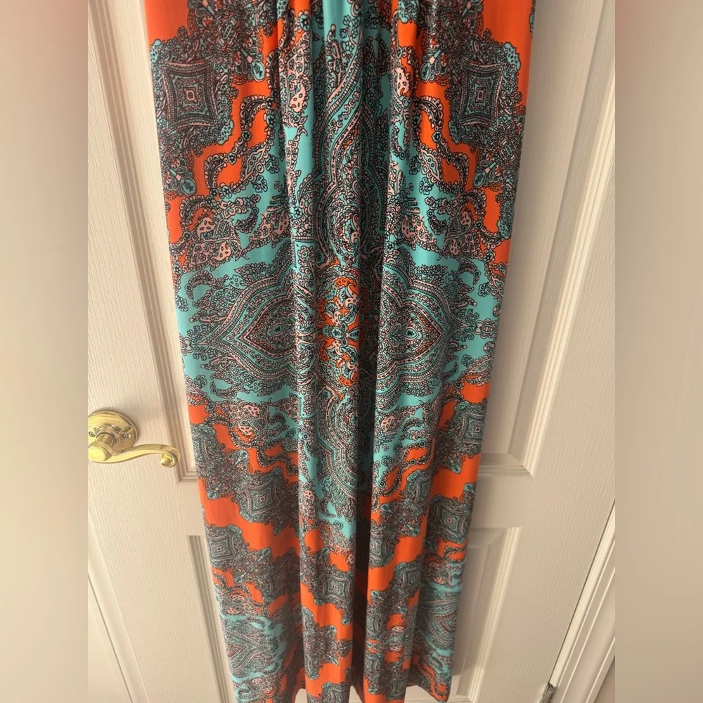 London Times Size 12 Medallion Sleeveless Halter Maxi Dress Orange and Blue NWOT